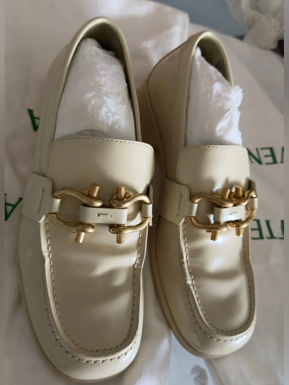 Bottega Veneta Cream Leather Loafers with Gold Hardware